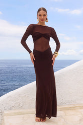 ROMY SLEEVED RUCHED MAXI DRESS - BITTER CHOCOLATE