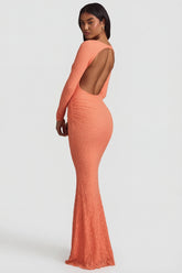 Ruched Backless Lace Maxi Dress in Peach