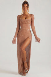 Embellished Cowl Neck Maxi Dress in Nude