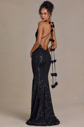 Embellished Plunge Open-Back Gown in Black