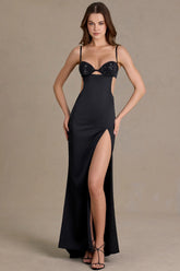 Satin Embellished Bralette Gown in Black