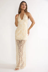 One Night Halterneck Maxi Dress Sequin Butter