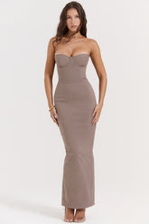 taupe strapless corset maxi dress