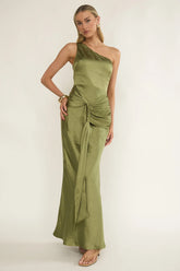 Luli One-Shoulder Waist Sash Maxi Dress Olive