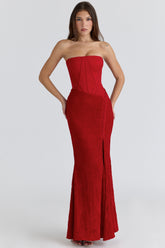 red satin lace strapless maxi dress