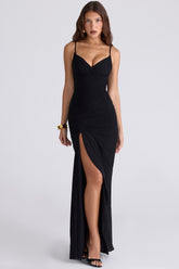black stretch mesh draped maxi dress