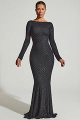 Embellished Open-Back Gown in Black