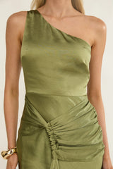 Luli One-Shoulder Waist Sash Maxi Dress Olive