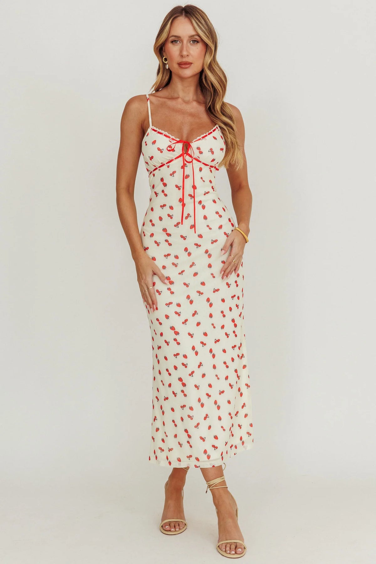 Heart Ablaze Strawberry Cherry Print Midi Dress Cream