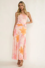 Azure Sun Drop Waist Split Maxi Dress Print Orange