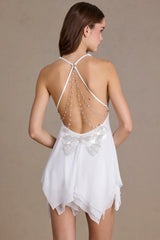 Chiffon Plunge-Neck Open-Back Mini Dress in White