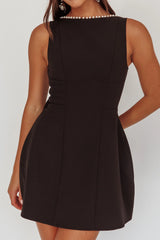 Opulent Pearl Trim Oversized Bow Mini Dress Black