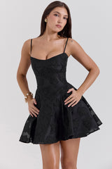 black floral lace back mini dress