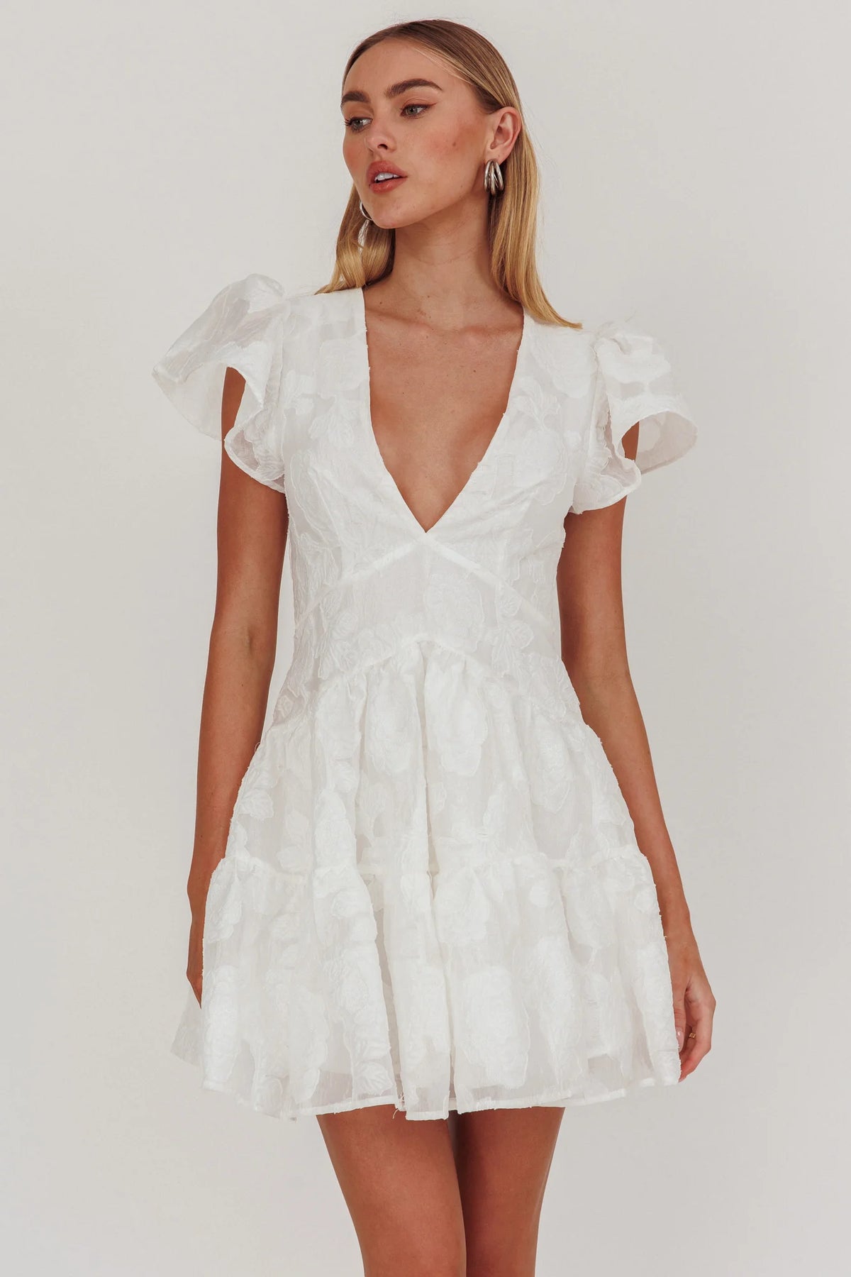 Irenna Ruffle Sleeve V-Neck Mini Dress Textured White