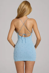 Embellished Cowl Neck Mini Dress in Blue