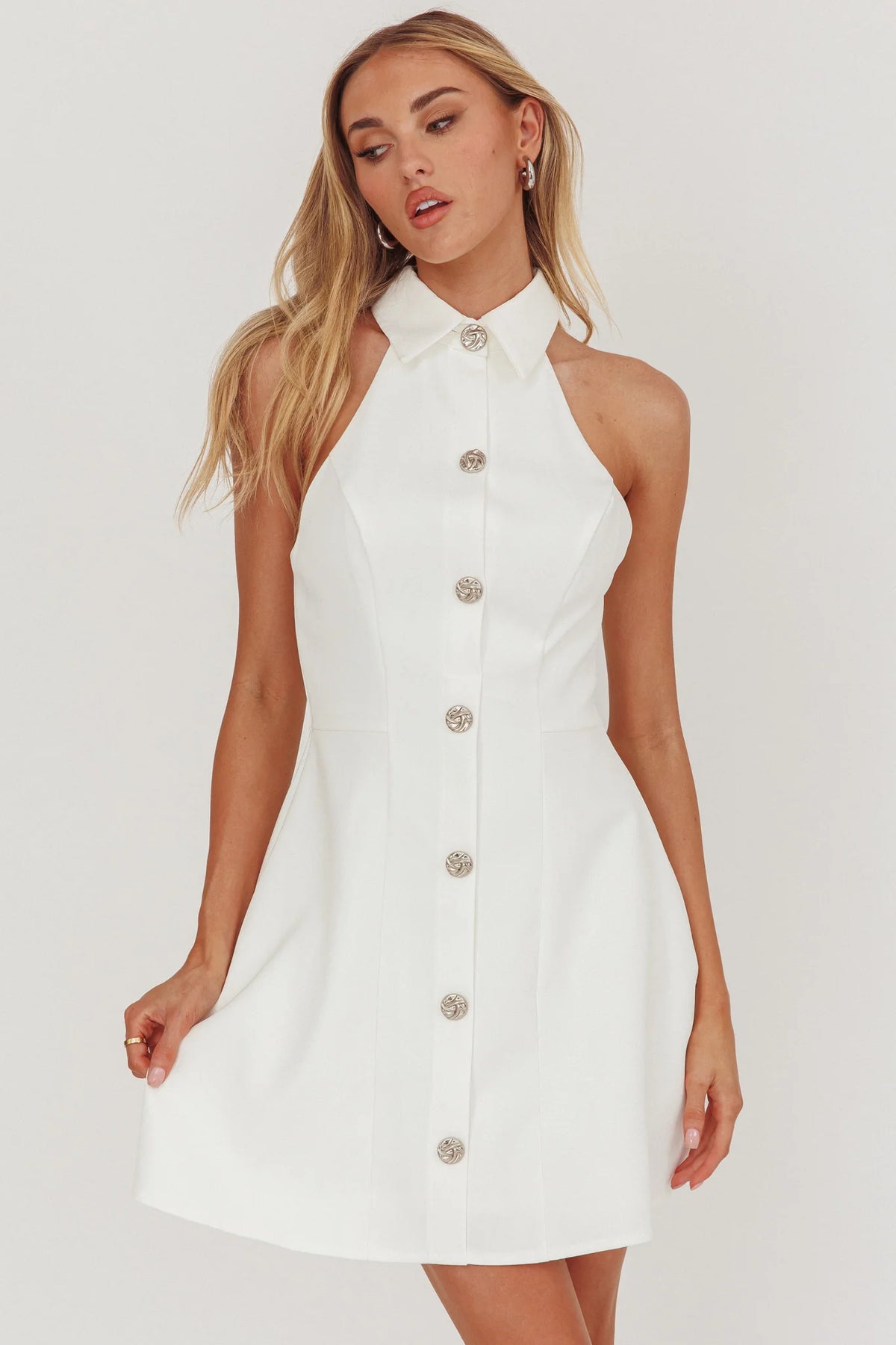 Opulent Collared Neckline Mini Dress White