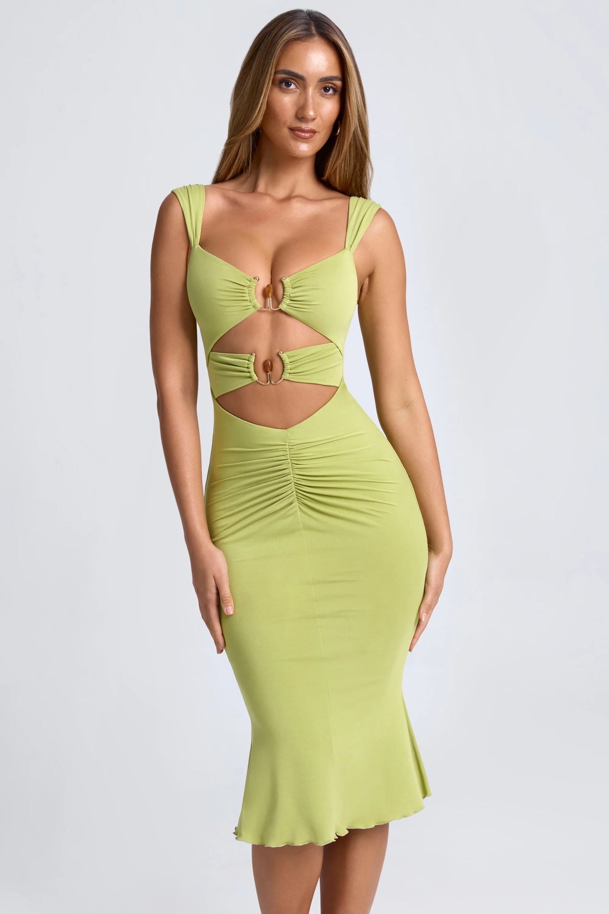 Modal Ruched Hardware Detail Cut-Out Midaxi Dress in Olive Green