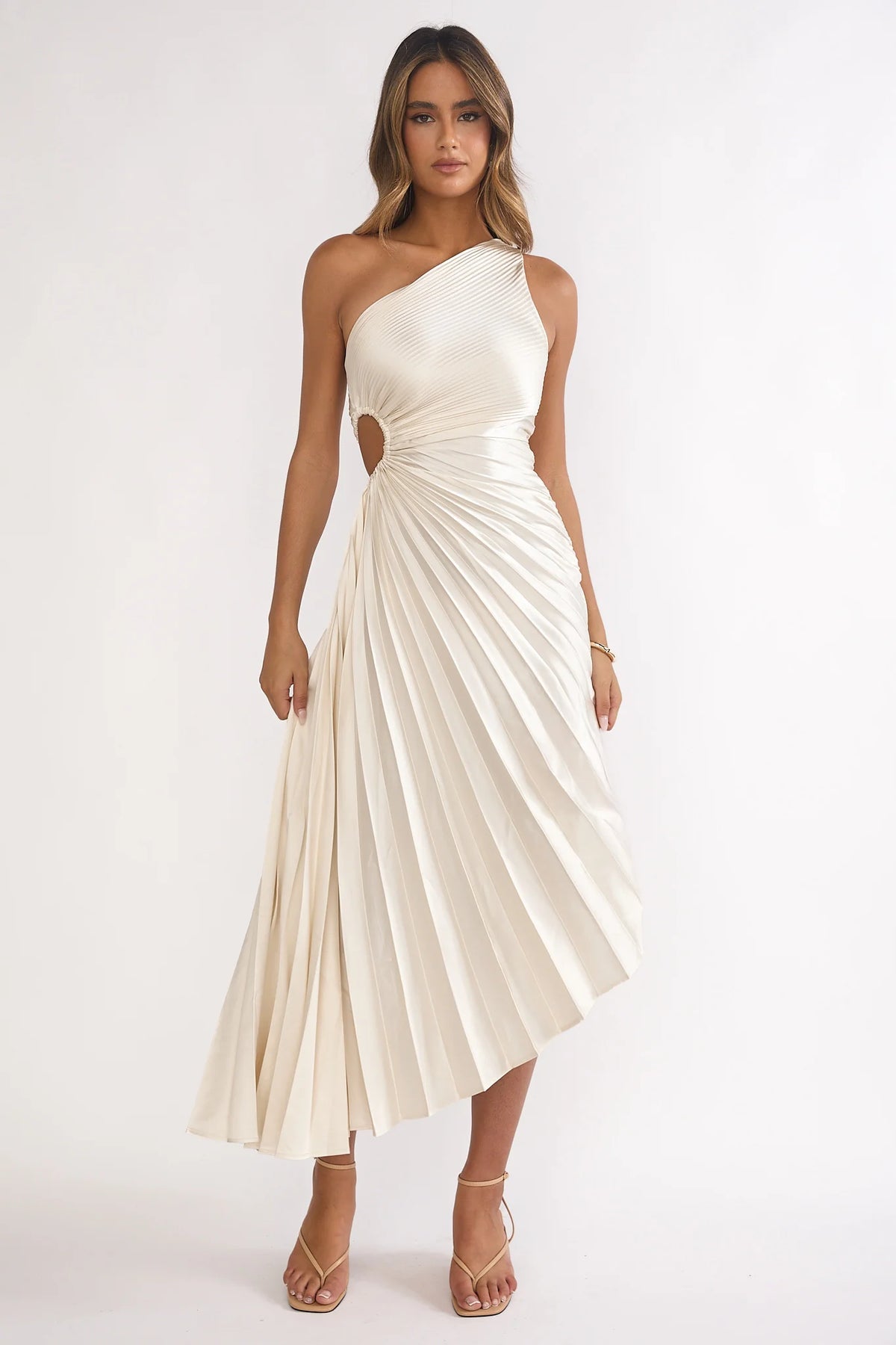 Brooklynn One-Shoulder Accordion Pleat Dress Champagne