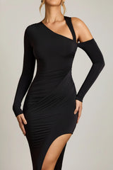 Asymmetric Draped Maxi Dress in Black