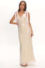 Bellamira Bow Shoulder Maxi Dress Sequin Champagne