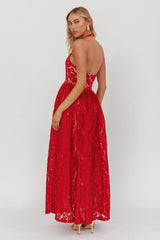 Hendrix Halterneck A-Line Lace Maxi Dress Cherry