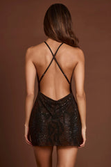 Embellished Halterneck Cowl A-line Mini Dress in Brown Snake