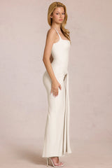 Square-Neck Tie-Gather Maxi Dress in Ivory