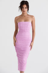 pink strapless corset midi dress