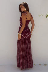 TILLIE SHEER BOTTOM MAXI DRESS - WINE/WHITE POLKA