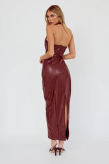 Marella Halterneck Faux Leather Maxi Dress Wine