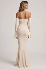 Off-Shoulder Ruffle Lace Maxi Dress in Ivory