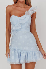 Minka One-Shoulder Ruffle Mini Dress Blue