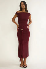 Lyssia Off-Shoulder Waist Sash Maxi Dress Cherry