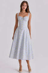 blue wildflower floral print midi dress