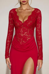 Lace Scalloped Plunge-Neck Maxi Dress in True Red