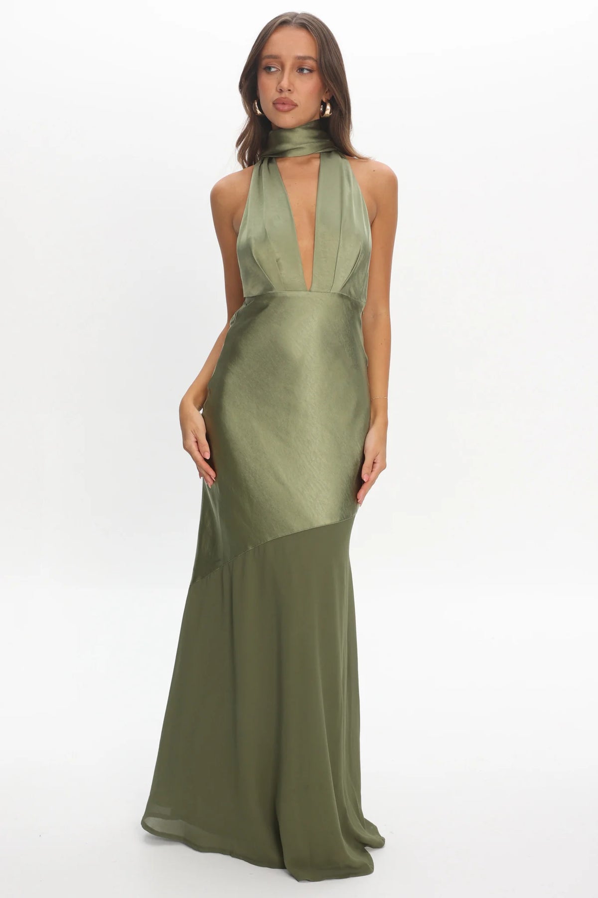 Italia Azure Halterneck Sheer Hem Maxi Dress Olive