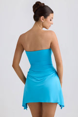 Slinky Jersey Draped A-Line Mini Dress in Aqua Blue