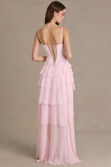 Embellished Cowl-Neck Corset Gown in Baby Pink