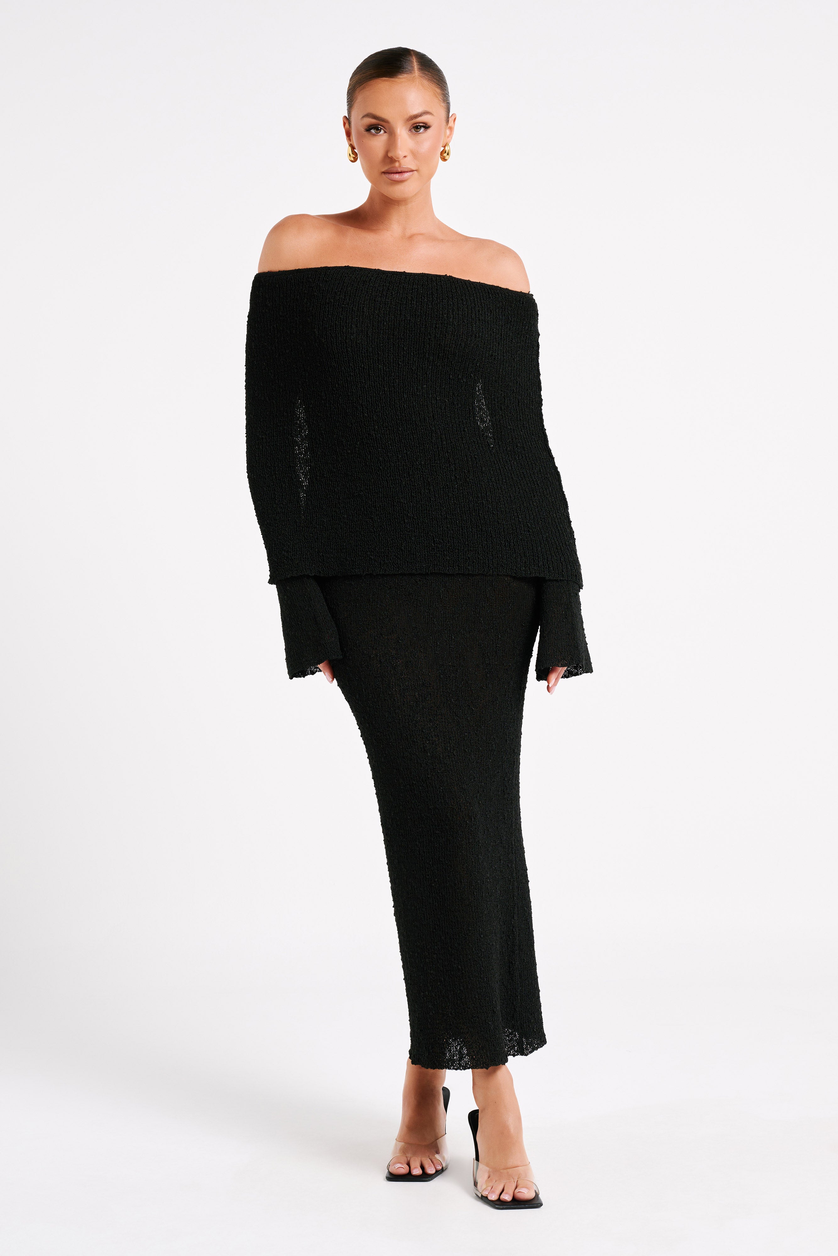 Marisol Off Shoulder Boucle Maxi Dress - Black - myromanceshop